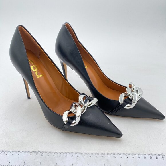 FSJ Black Stiletto High Heels Pumps Pointed Toe Metal Chain Decor Formal Shoes - Picture 3 of 7